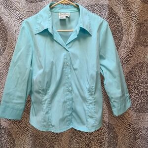 Fred David Button Up Stretch Blouse Womens XL Turquoise‎ Blue 3/4 Sleeve Fitted